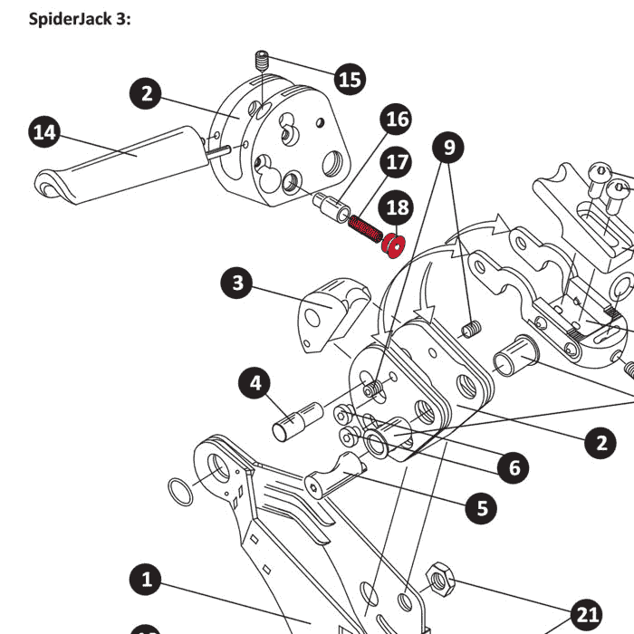 SpiderJack 3 spring, technical drawing with numbered items and arrows representing an assembly