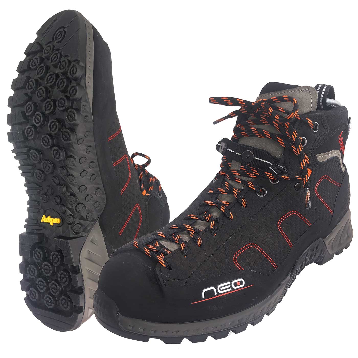 Neo black shoes with orange and black laces, red stitching and lugged sole with yellow Arbpro logo