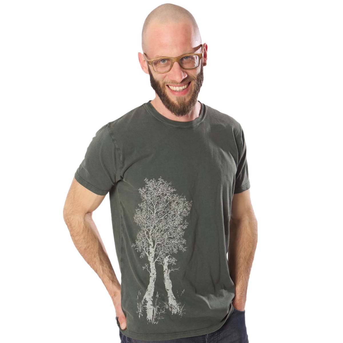 Man wearing an olive green Birch Tree T-shirt with a white tree motif on the left front