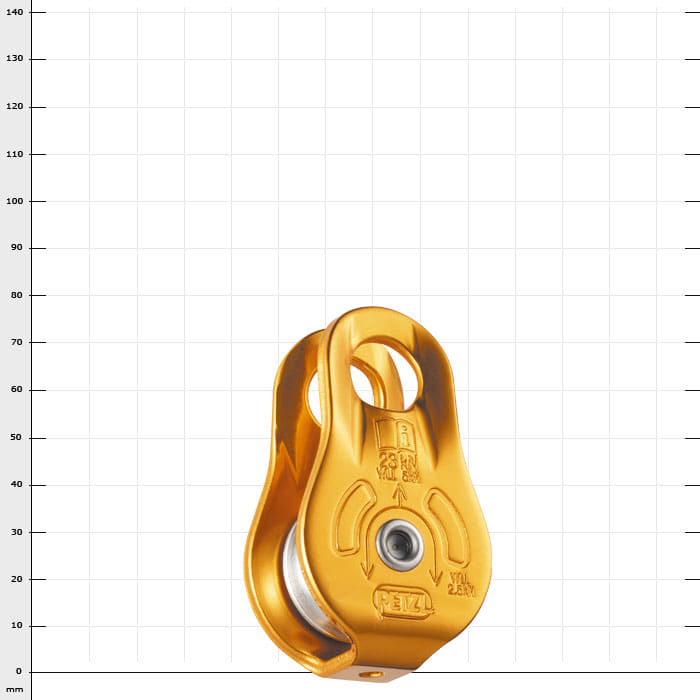 Fixe by Petzl, gold-coloured pulley with metal roller and lettering on the front