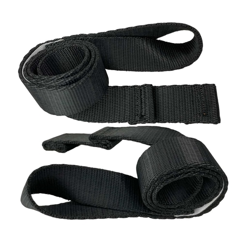 Black rolled webbing straps with no visible manufacturer or product name, product name TreeRex Leg Loops