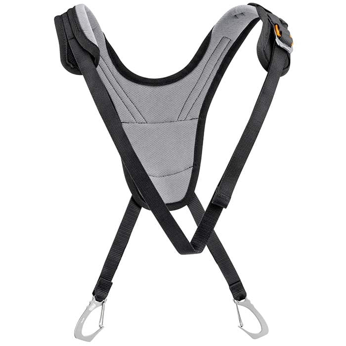 Bretelle with padded grey fabric and black adjustable straps, two metal carabiners at the ends