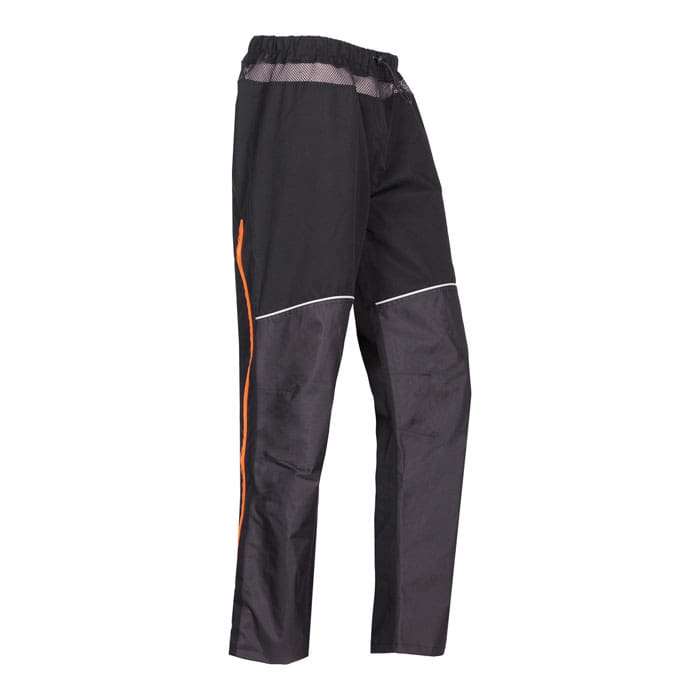 Keiu rain pants, black rain pants with gray knee inserts and orange stripe on the side