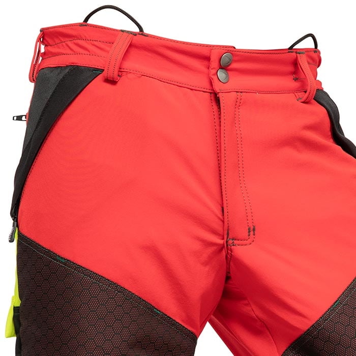 Gladiator Extreme Work Pants Closeup of Waistband in Red with Black and Yellow Details