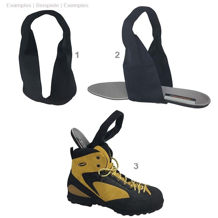 Black colored shoe loop made of robust fabric material, product name Shoe loop, shown in three pictures with numbering 1 to 3, in one picture with a shoe sole and two loops, in one picture with a mountaineering shoe and a loop