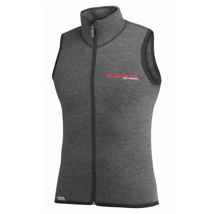 Vest 400, grey sleeveless vest with zipper and red Woolpower Östersund logo on the chest