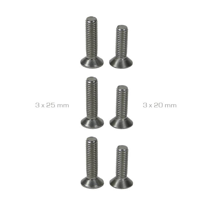 Quickstep Spurs by Arbpro, six silver screws of different lengths, labeled 3 x 25 mm and 3 x 20 mm