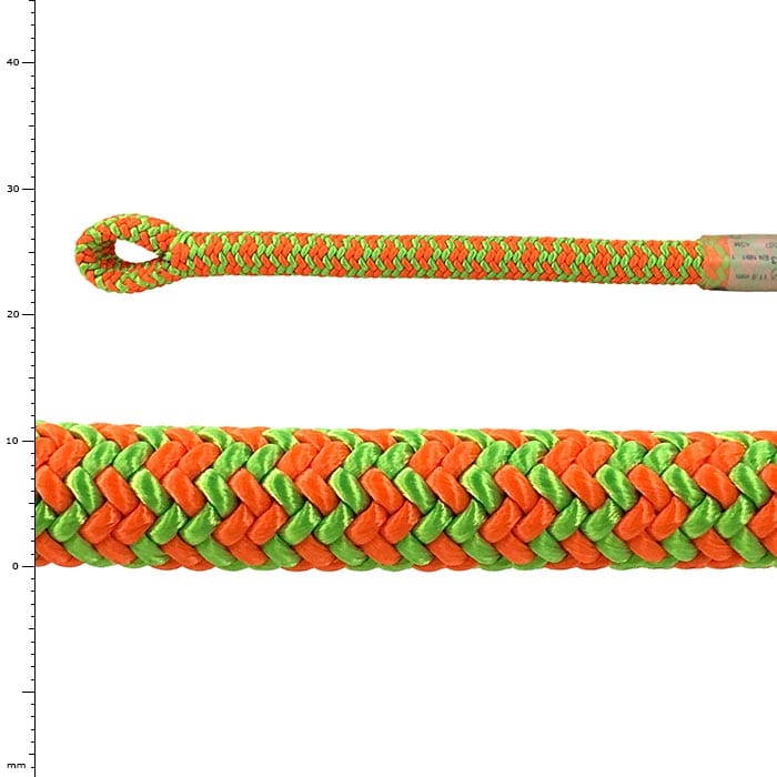 Atrax splice, whole orange-green braided rope with loop at one end and close-up of braiding