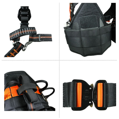 Four detail shots of the Tree Austria 3.2 harness with a focus on webbing, buckles and padding in black and orange