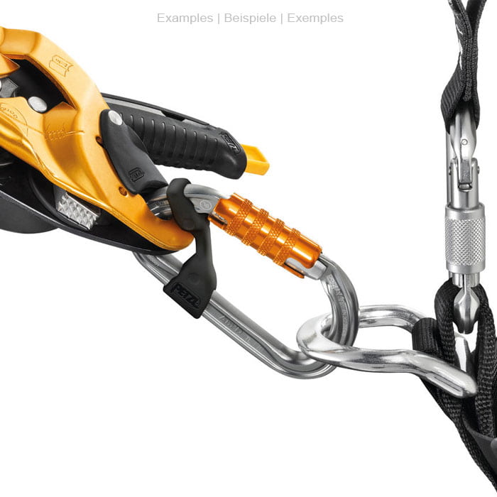 Petzl Captiv, black plastic part on a silver carabiner, attached to a gold-black belay device and other carabiners