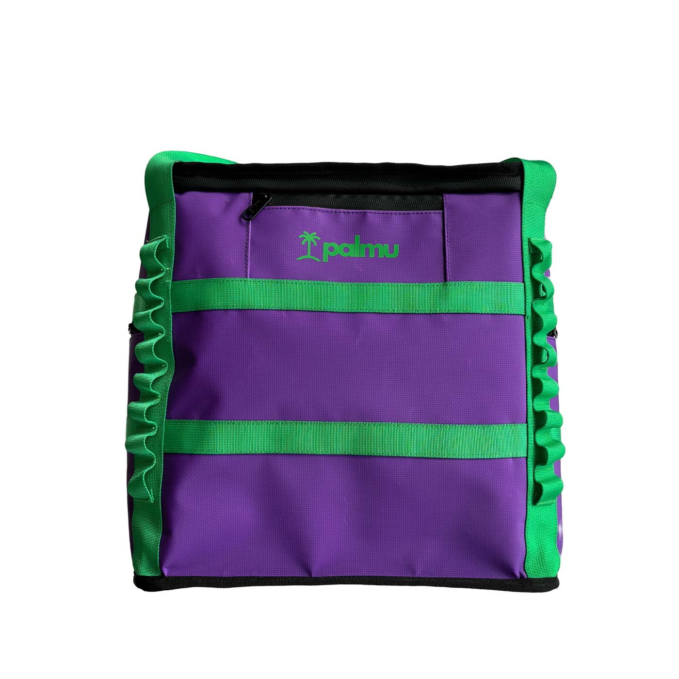 Palmu 32 bag in purple with green stripes and zipper compartment at the front, manufacturer Palmu visible