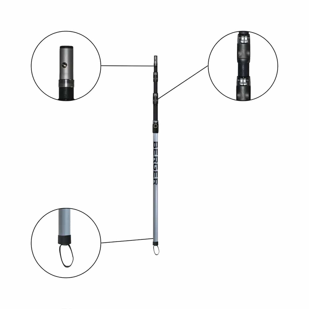 ArboRapid Ultra Light Climber 270 with three enlarged detail views of the metal tip, the buckles and the loop at the bottom of the silver climbing pole, manufacturer name Berger visible