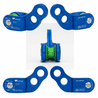 Five views of the blue Teufelberger glideHITCH pulley with green pulley, including front, back and side views, as well as a close-up of the pulley from the front