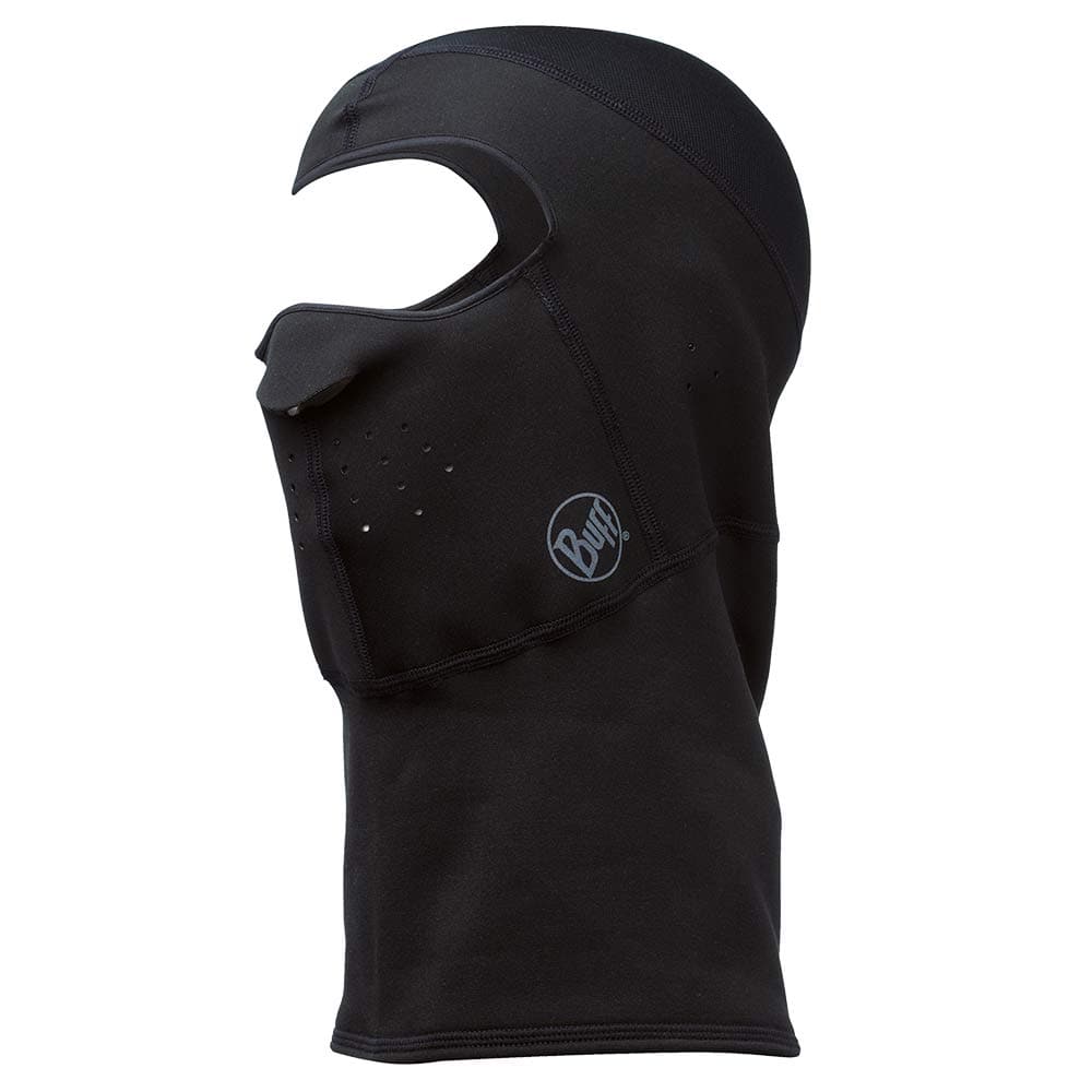 Balaclava Cross Tech by Buff in black with opening for eyes and mouth, logo visible on the side