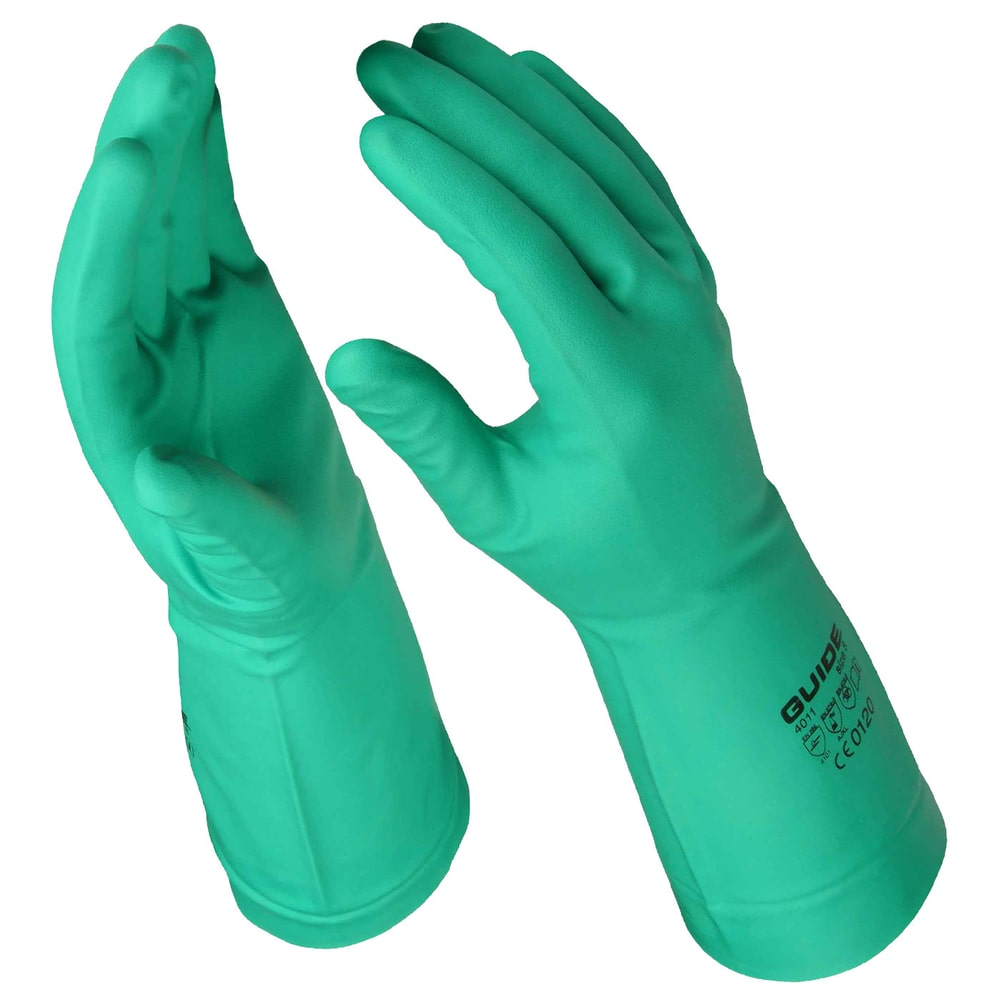 Green chemical protective gloves model 4011 Guide Chemicals, left and right, with manufacturer's label Guide on the right glove.