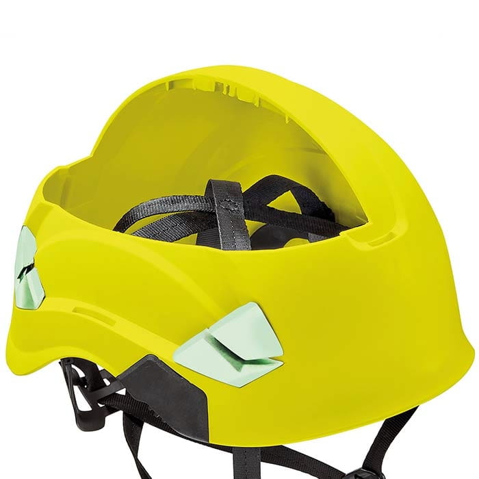 Petzl Vertex Vent Hi-Viz Helmet in Yellow from the Back with Black Straps and Reflective White Stickers