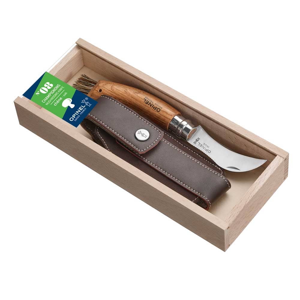 Opinel mushroom knife with curved knife, wooden handle and leather case in a light wooden box