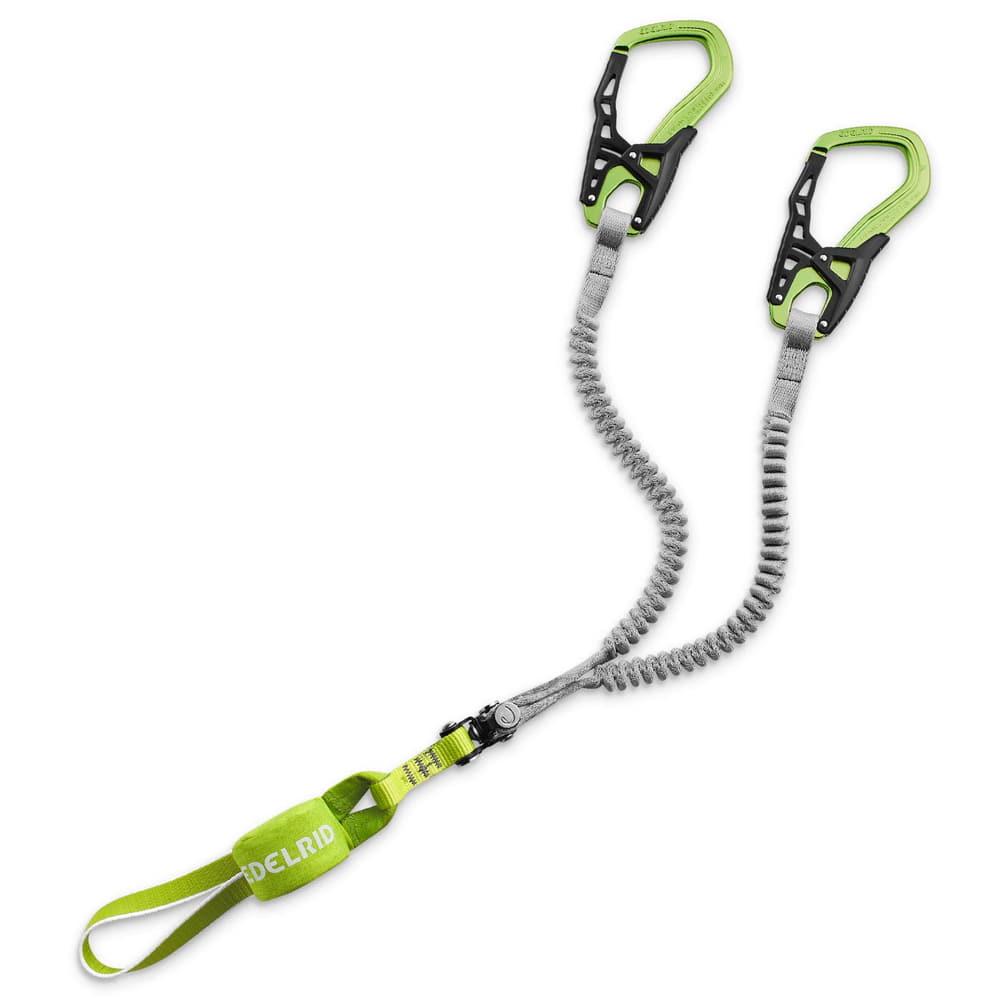 Cable Comfort 6.0 climbing set with two green and black carabiners, grey elastic ropes and green textile band with EDELRID logo