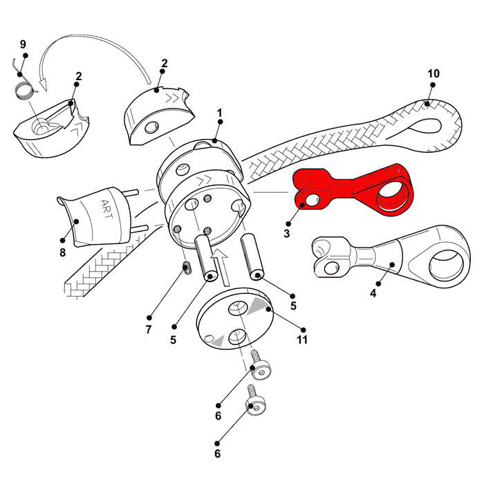 Technical drawing with numbered parts, including a red component that could represent Positioner/SpiderJack 2.1 carabiner mount