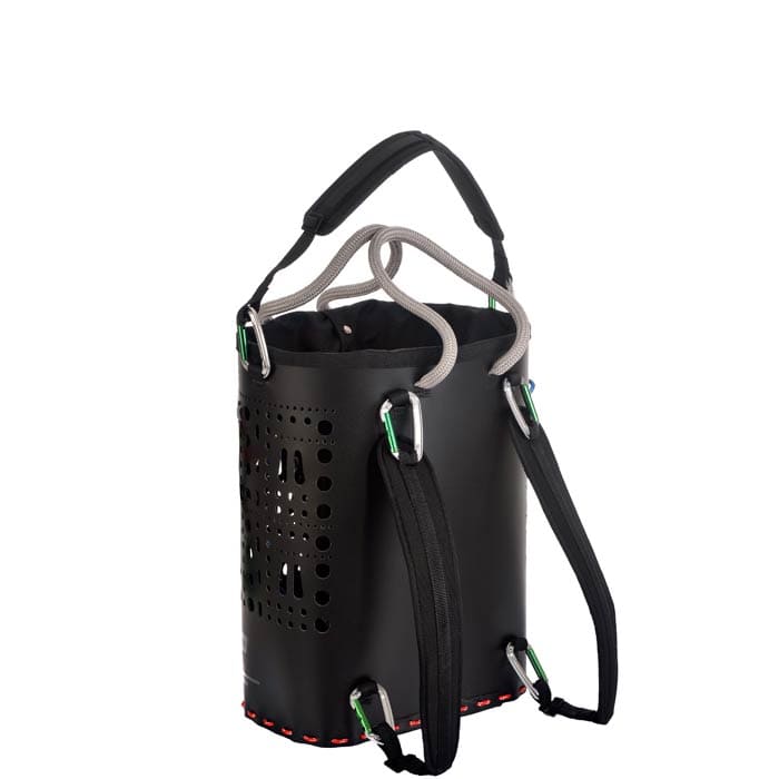 ropeBUCKET 50 black bucket with grey rope handles and black shoulder strap with green carabiners