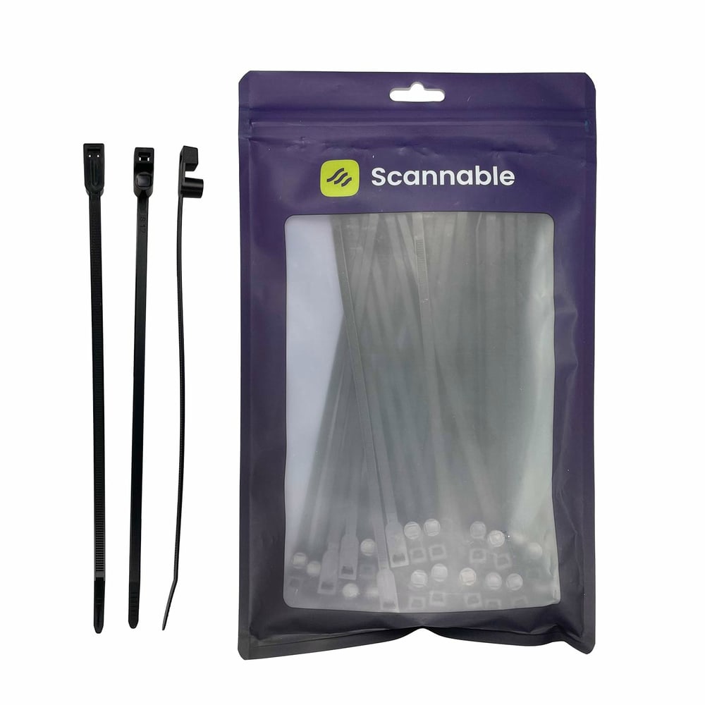 Cable ties NFC Tag, black cable ties in three different views next to a transparent packaging with a purple border and the lettering "Scannable"
