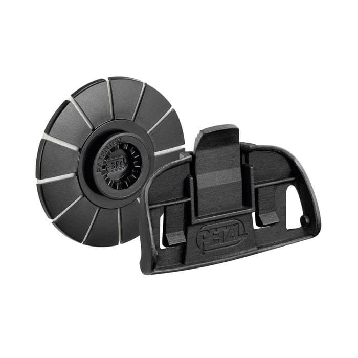 Tikka Kit Adapt by Petzl, two black plastic parts, one round with segments, the other rectangular with Petzl logo