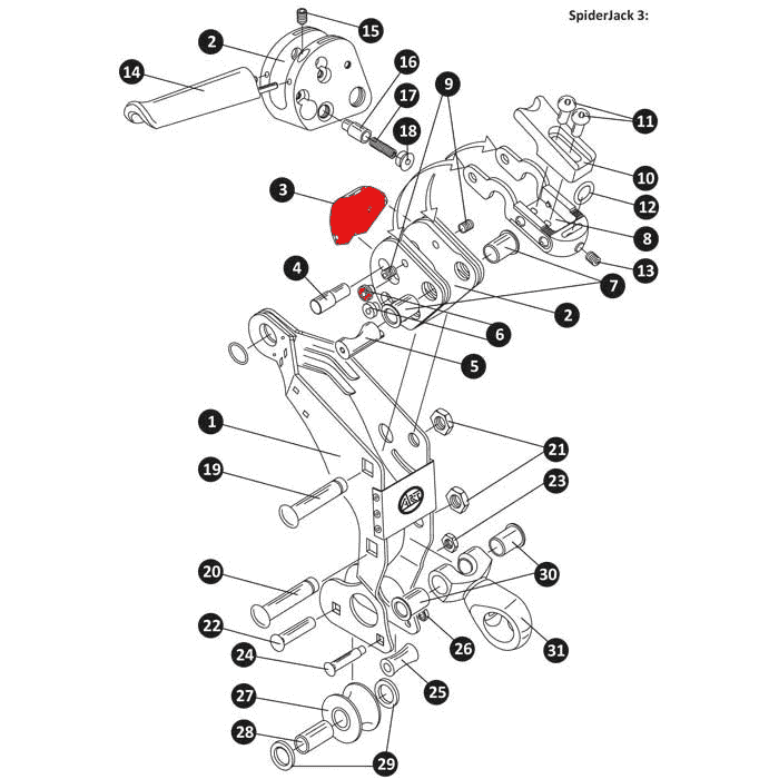 Technical drawing of the SpiderJack 3 with numbered individual parts, part 3 (clamping jaw A) marked in red.