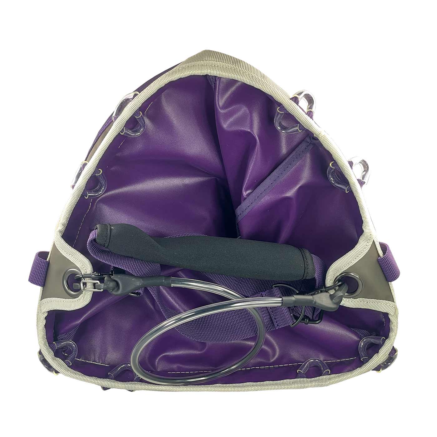 Genius Tool Bucket 2, inside of the bag, purple lining with white border and metal rings, black handle and metal bracket