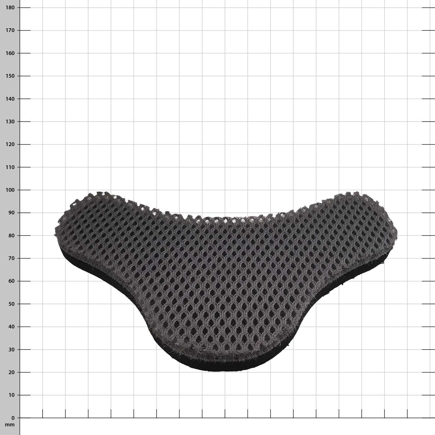 PROTOS® neck pad extra thick in black color with a mesh structure on the surface, lying flat against a white background with grid dimensions in millimeters