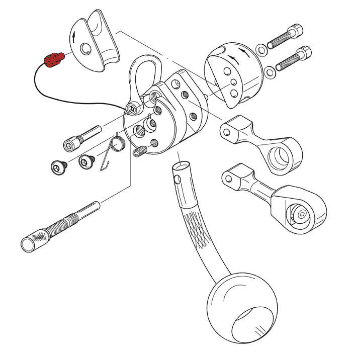 Black and white technical drawing of a mechanical device with several parts, including two screws marked in red, without manufacturer information or product type