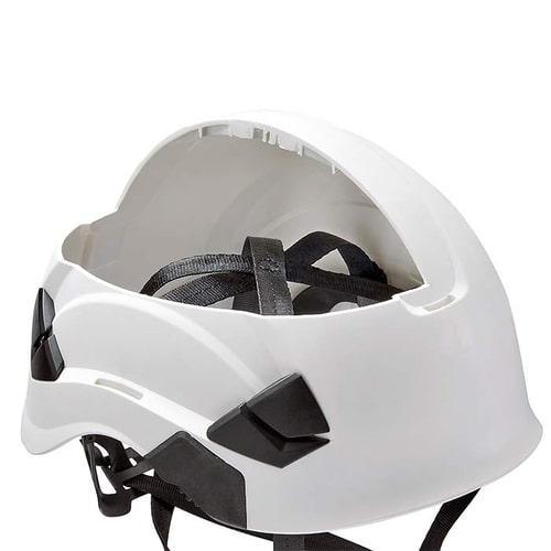 White Petzl Vertex Vent helmet from the inside with black inner strap