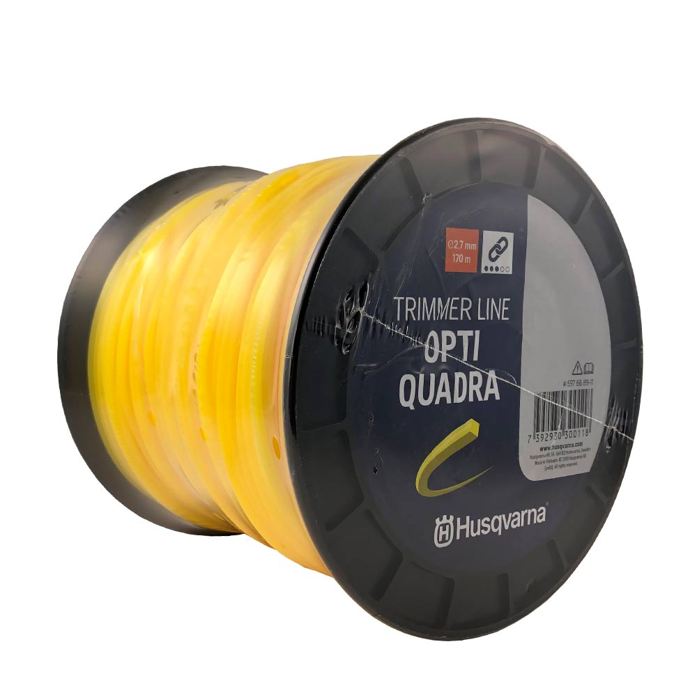 Spool with yellow string line, on the black side it says "Trimmer Line Opti Quadra" and "Husqvarna"