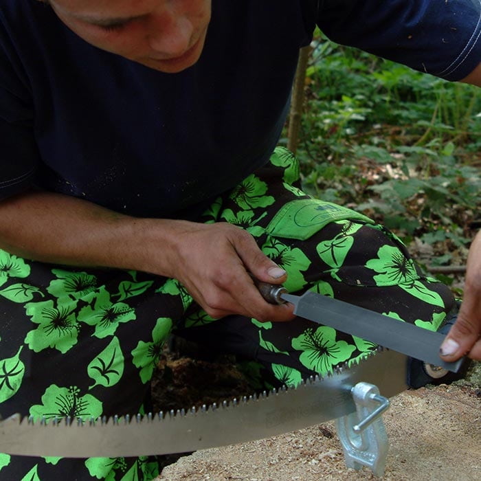 Person in green and black pants holding a gray file and working on a saw outdoors