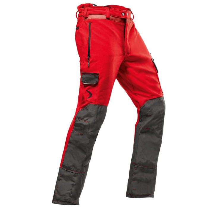 Arborist Schnittschutzhose in Rot und Schwarz, mit mehreren Taschen und verstärkten Knien
