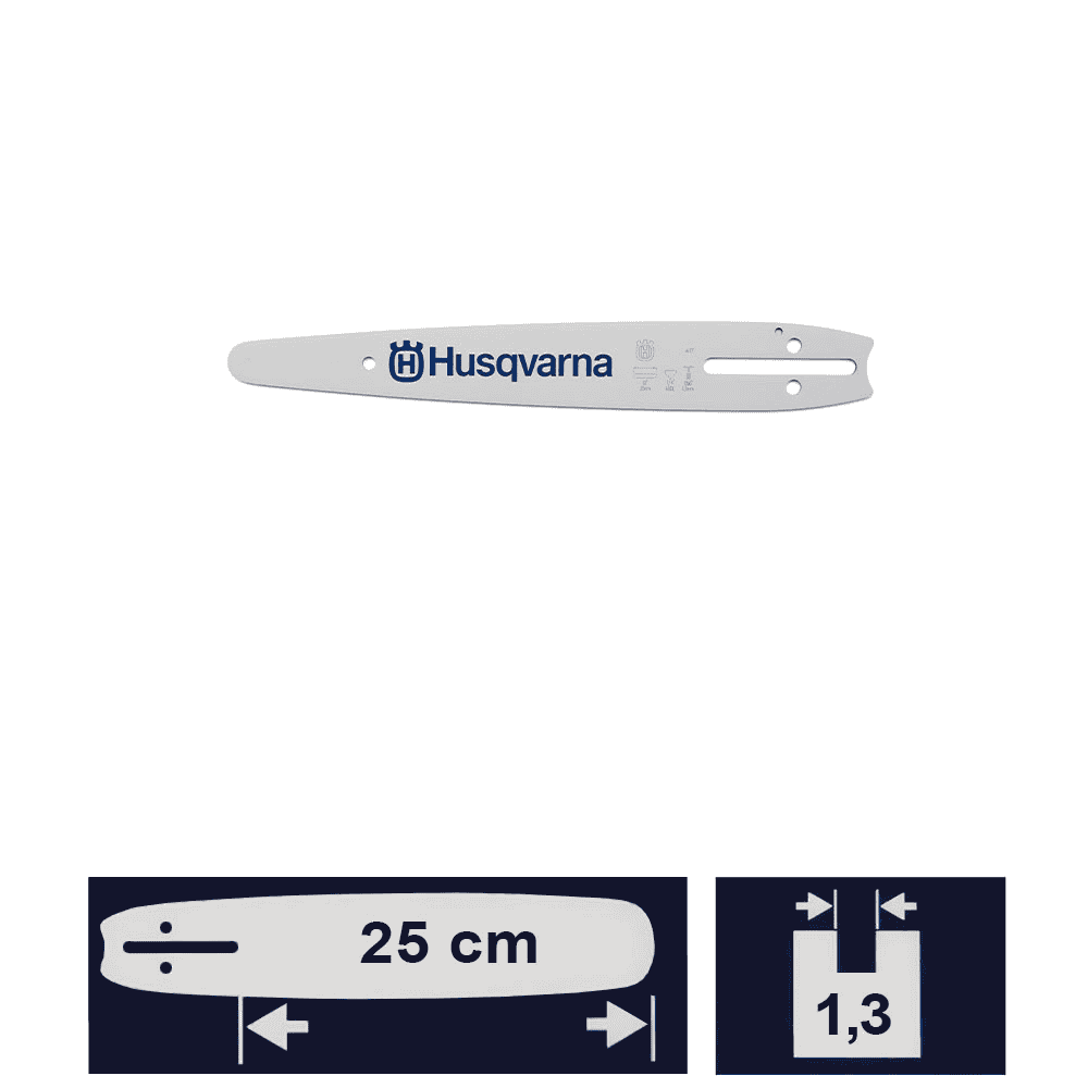 Carving rail 10 / 1/4 from Husqvarna in white with blue Husqvarna logo and several mounting holes, rail length 25 cm, width 1.3 cm