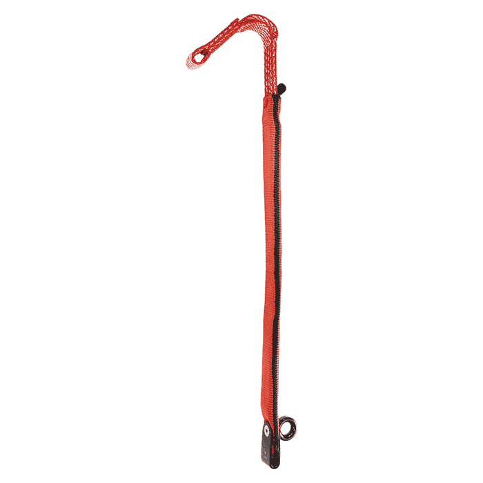ZipAbsorber TwinLine, red safety rope with black stripe and metal eyelet at the bottom
