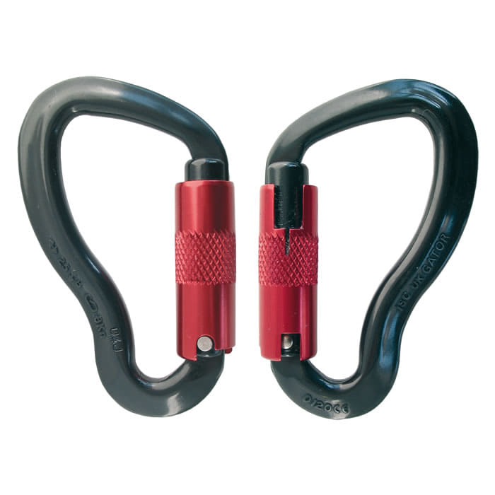 Two black carabiners with red screw cap, product name Gator visible