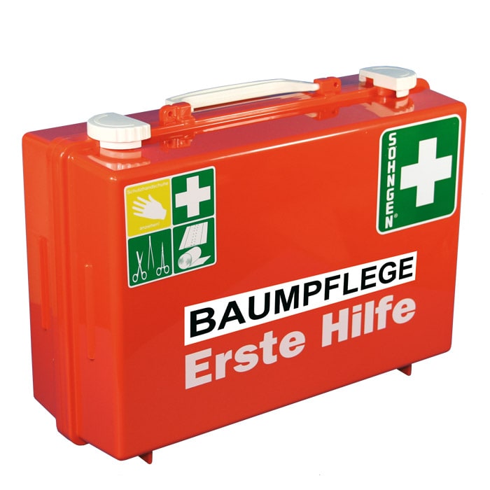 First aid kit Large by Söhngen in red color with white handle and closures, inscription "TREE CARE First Aid" and several first aid symbols on the front