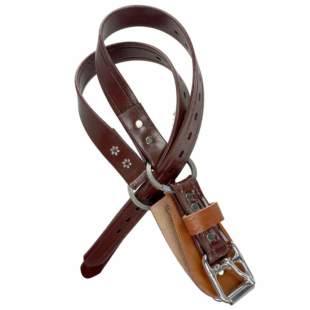 Lower strap 66, brown leather strap with silver buckle and row of holes, two silver rivets and two small floral patterns on the top of the strap