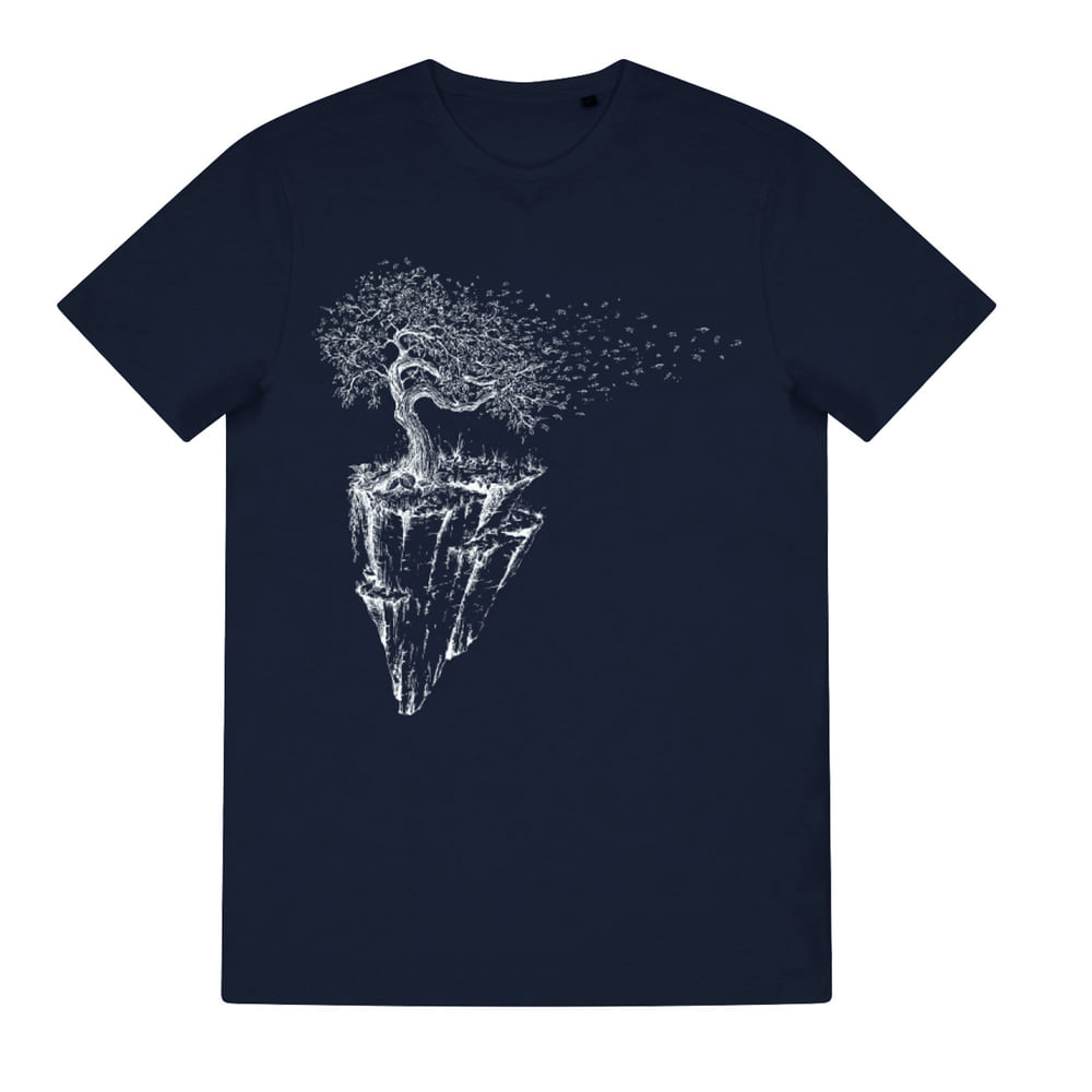 Iceland T-shirt in dark blue with white print of a tree on a floating rocky island