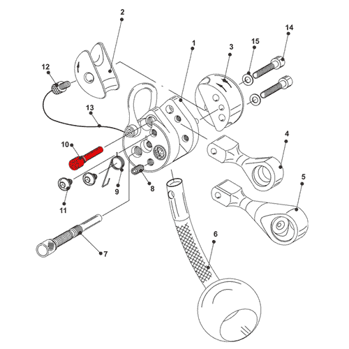 Technical drawing with various components, red marking on the LockJack bearing screw for carabiner mount