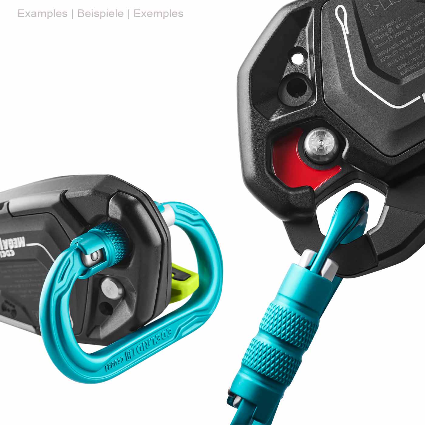 Close-up of the Edelrid Megawatt belay device with blue rope passed through an opening and visible metal part