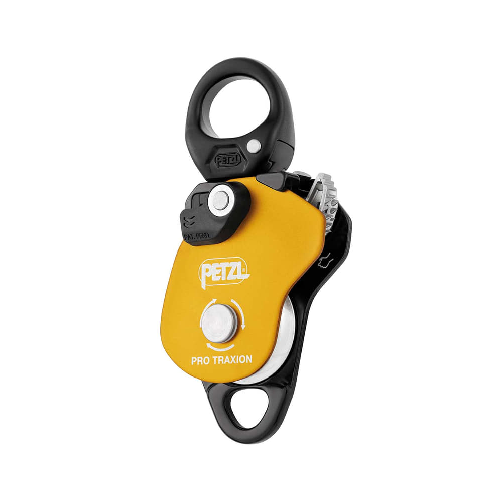 Petzl Pro Traxion pulley in yellow and black with two large eyelets and a round lobster fastener at the top