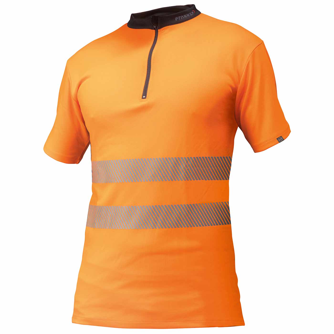 Zipp-Neck Shirt EN 20471, orange short-sleeved shirt with black stand-up collar and half zipper, two grey reflective stripes around the belly area, manufacturer's name Pfanner visible on the collar