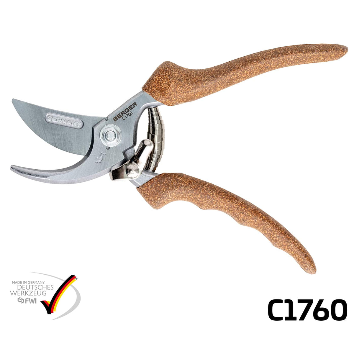 Berger C1760 Pruning Shears with Brown Ergonomic Handles and Silver Blade, Made in Germany, with Logo and Model Number on the Metal Part