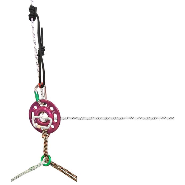 Rigging Hub 175, purple round disc with multiple holes to which several ropes and carabiners are attached, on white background