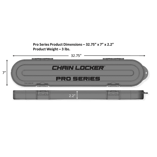Chain Locker Pro Series Chain Protective Cover in Grey with product dimensions 32.75 x 7 x 2.2 inches, shown from top and side