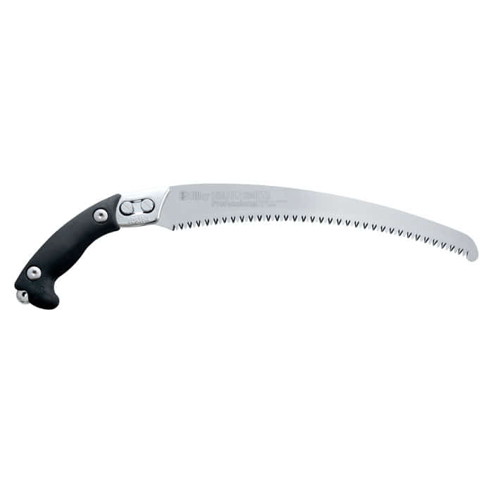 Ibuki 390-5.5 saw with curved, serrated metal blade and black handle, manufacturer's name visible on the blade