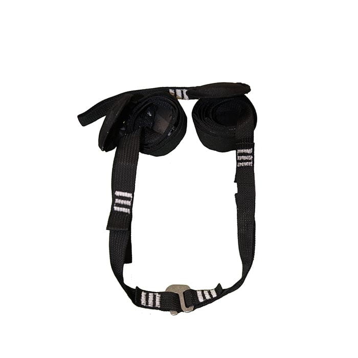 Relief straps, black straps with white markings and metal clasp, rolled up