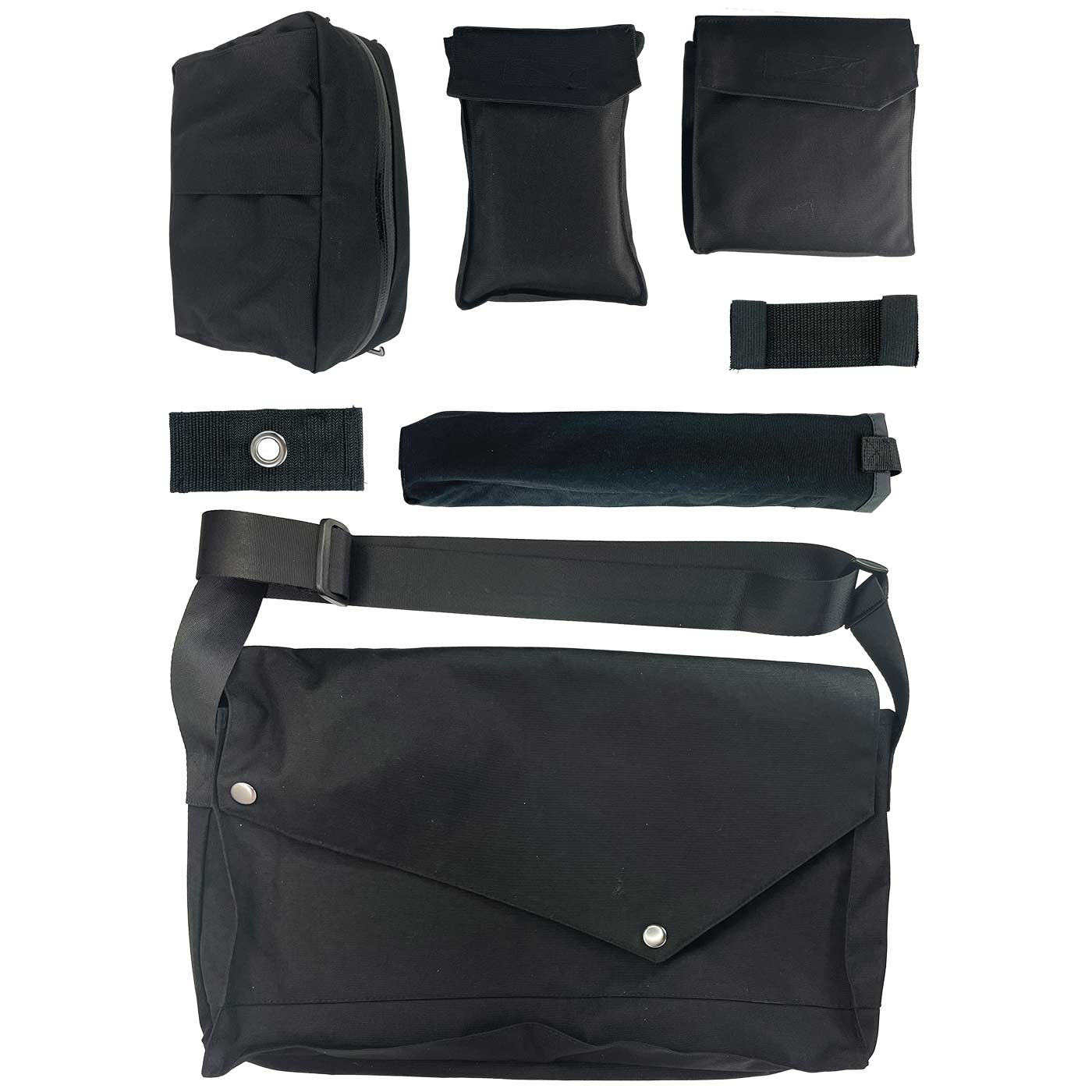 My Gear Vest Professional Set, black bag with shoulder strap and several small bags and straps, all parts are on a white background